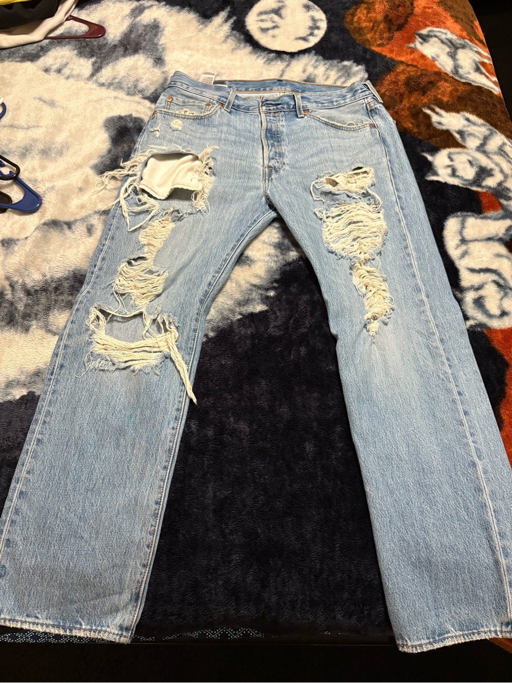 Light Blue Distressed Men's Jeans - Classic Straight Fit - Picture 1 of 2